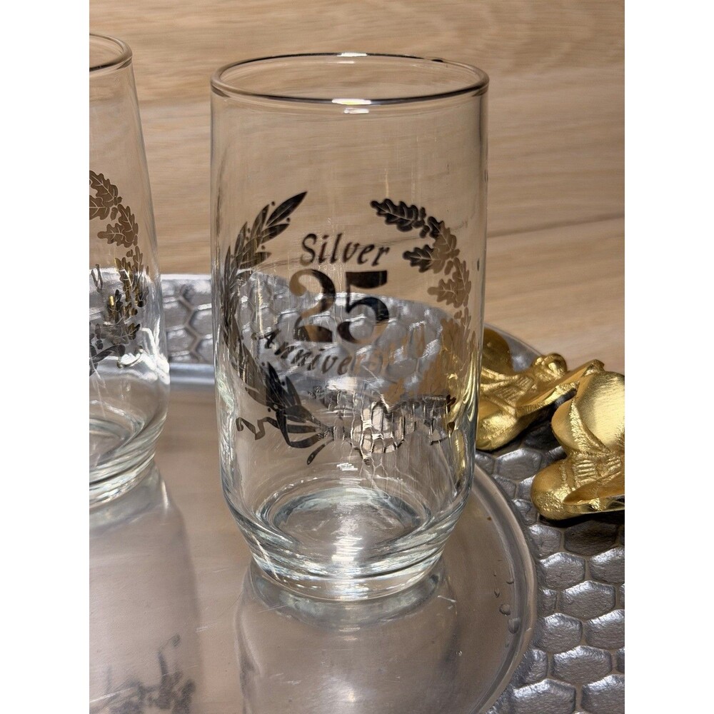 Vintage Glass Silver 25th Anniversary Set of 4 Drinking Glasses 5”